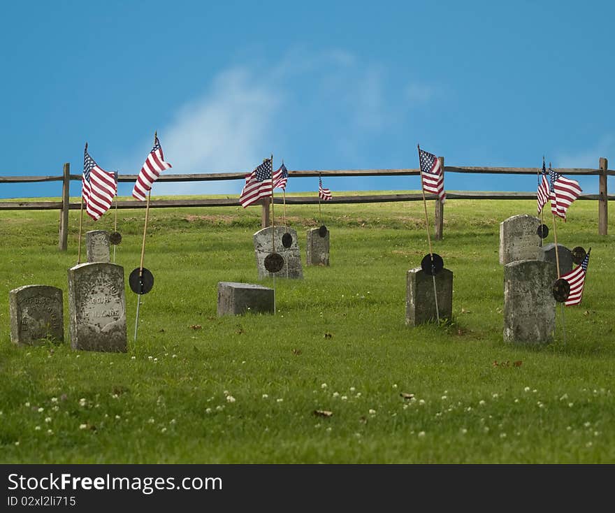 Old cemetary with american flags in oswego,ny. Old cemetary with american flags in oswego,ny