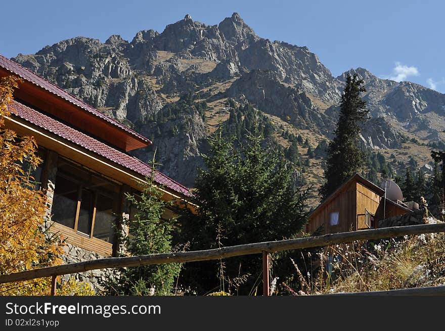 Wooden House In High Mountain Tops In Kazakhs