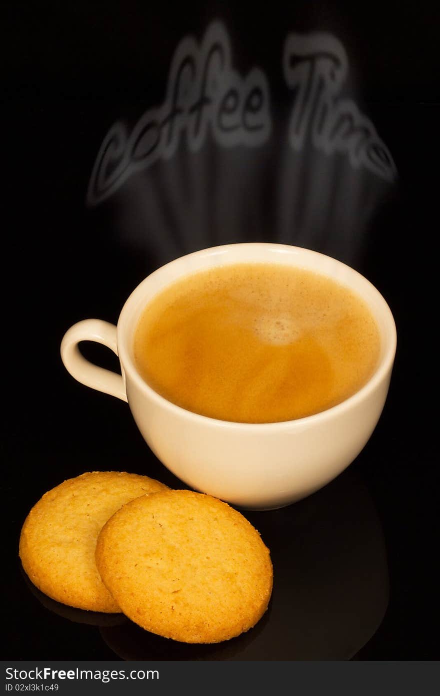 Coffee and biscuits with image of the words coffee time in the steam on black background