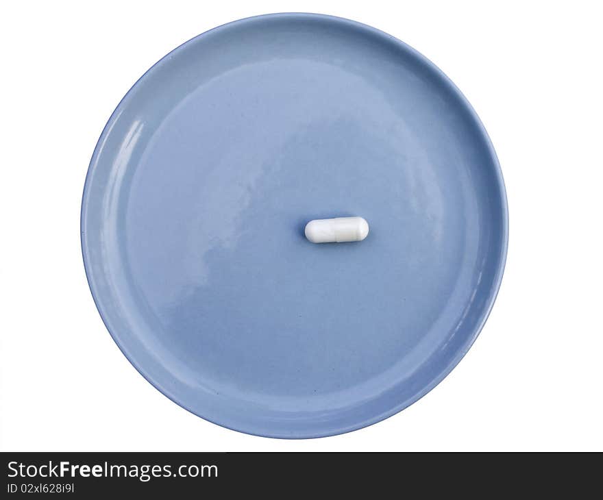 Blue plated with white pill isolated on white background. Blue plated with white pill isolated on white background