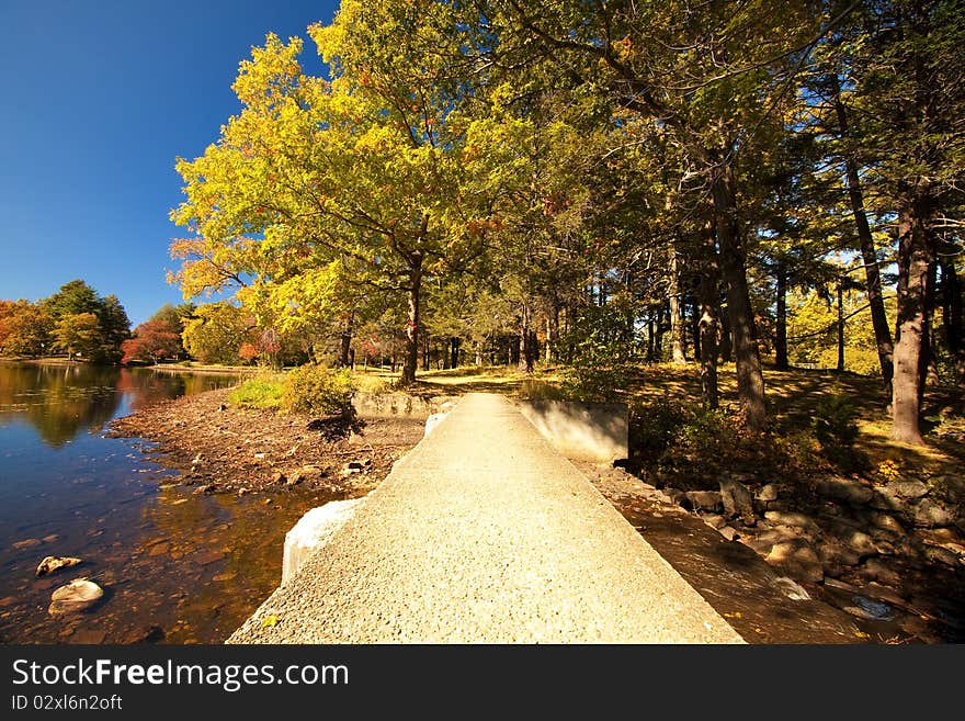 Littre Bridge to the forest in the fall season. Littre Bridge to the forest in the fall season.