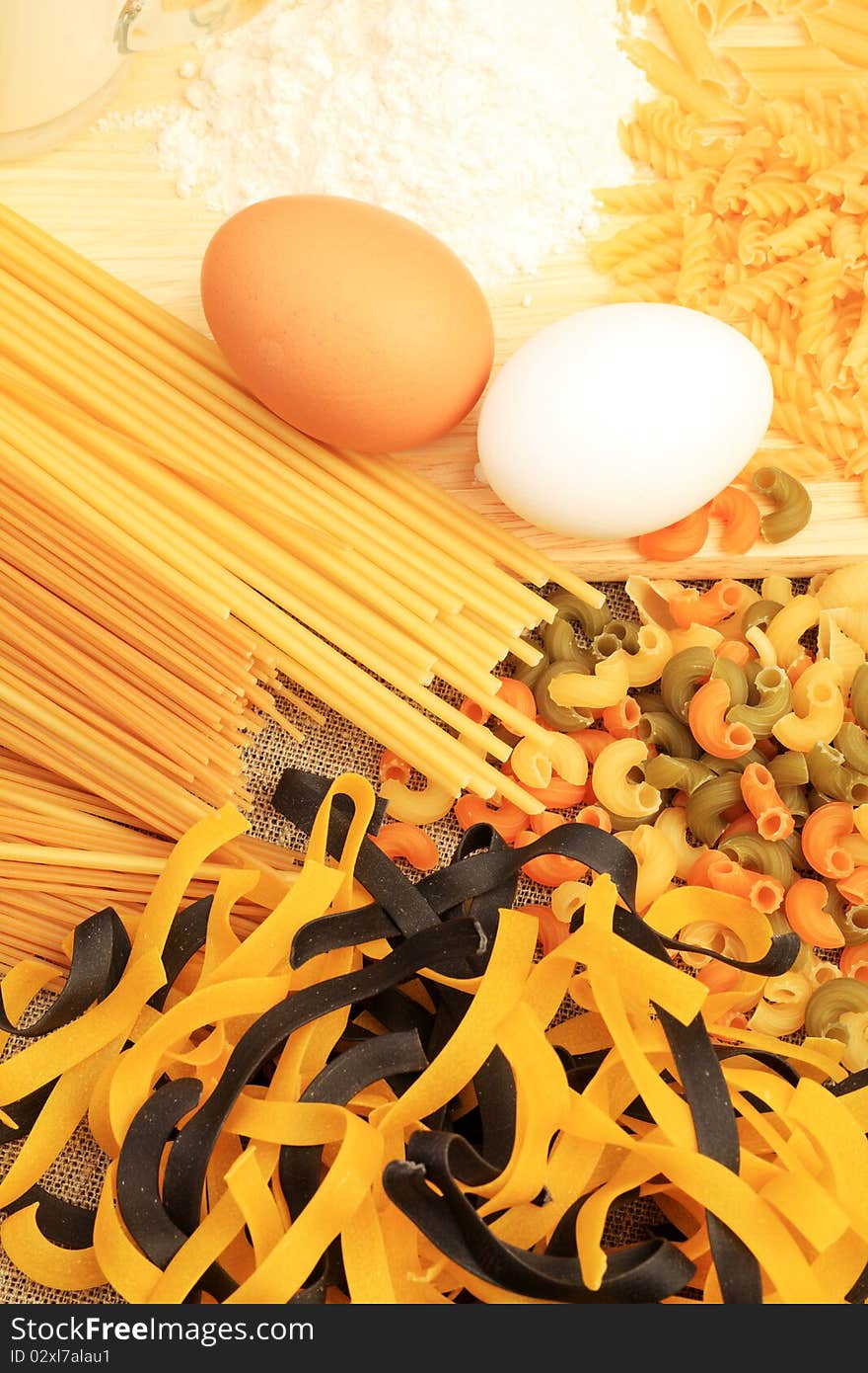 Food theme: colorful pasta, spagetti and eggs. Food theme: colorful pasta, spagetti and eggs.