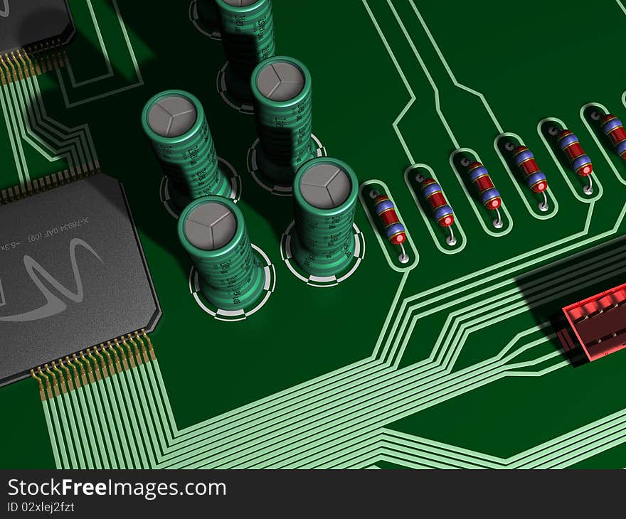 View of a secton of circuit board, representing different kinds of components (processors>,capacitors, resistors, connector). View of a secton of circuit board, representing different kinds of components (processors>,capacitors, resistors, connector)