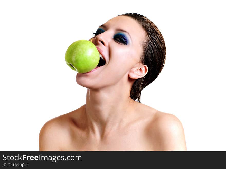 Portrait of pretty girl with open mouth eating green apple. Portrait of pretty girl with open mouth eating green apple