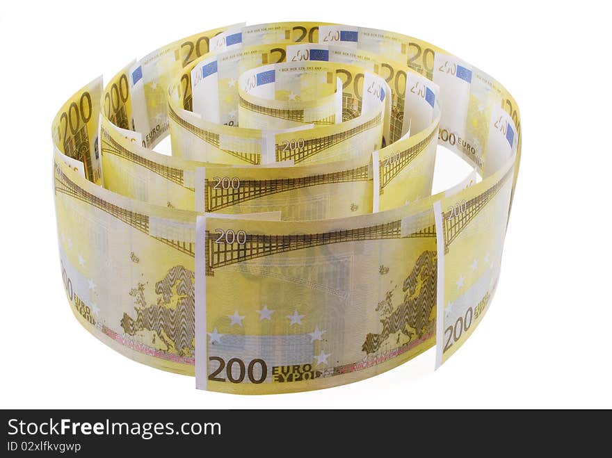 Spiral of 200 euro banknotes on the white background