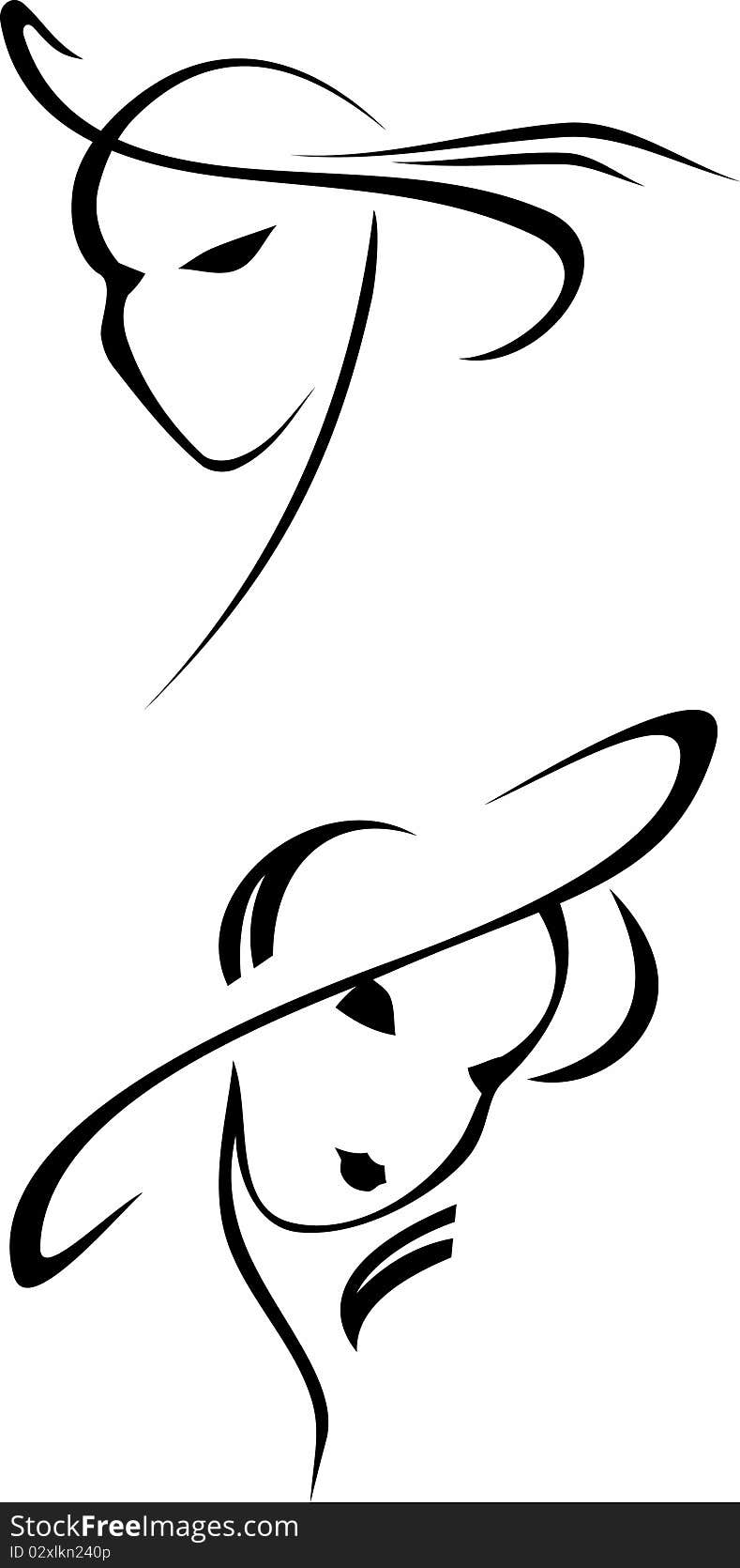 Silhouette of a head of the beautiful girls in a hat. Vector illustration black and white.