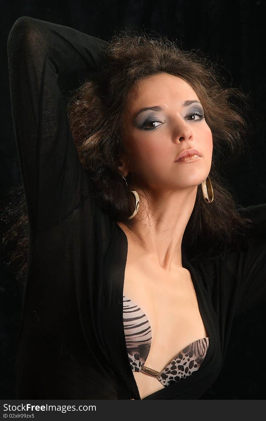 Portrait of the beautiful young woman with a magnificent hairdress on a black background.