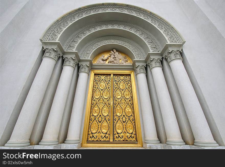 The Door of Church with Jesus Sculpture