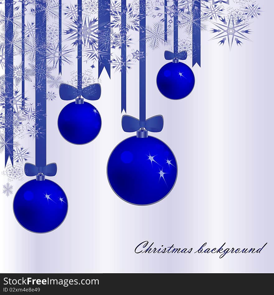 Christmas background with fur-tree spheres and snowflakes. Vector