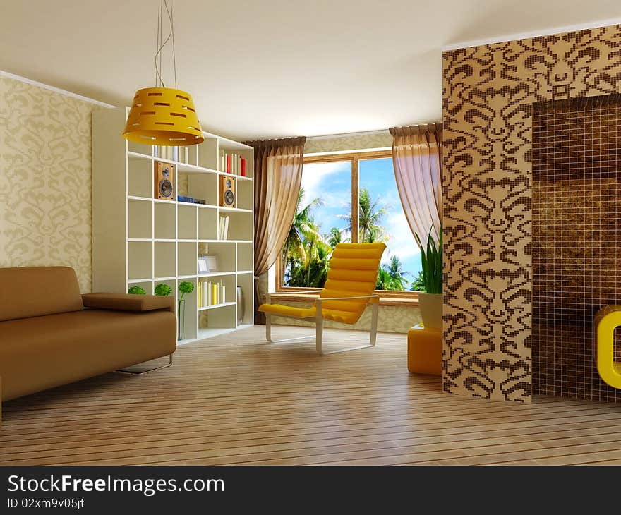 Modern interior room with pattern on the wall and yellow furniture