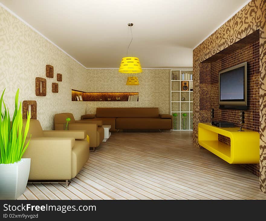 Modern interior room with pattern on the wall and yellow furniture