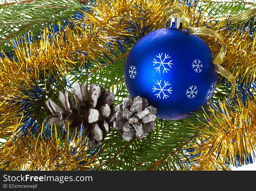 Close-up blue ball and cones on fir tree branches