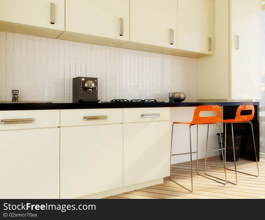 White kitchen with orange chairs