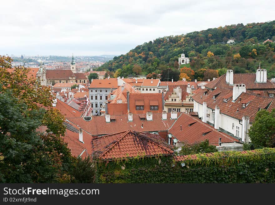 Tile roofs of the Prague on background autumn wood