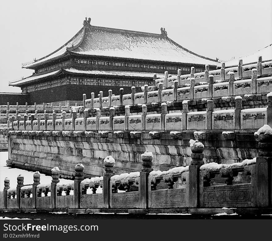 There is the main palace in Forbidden City under snow.