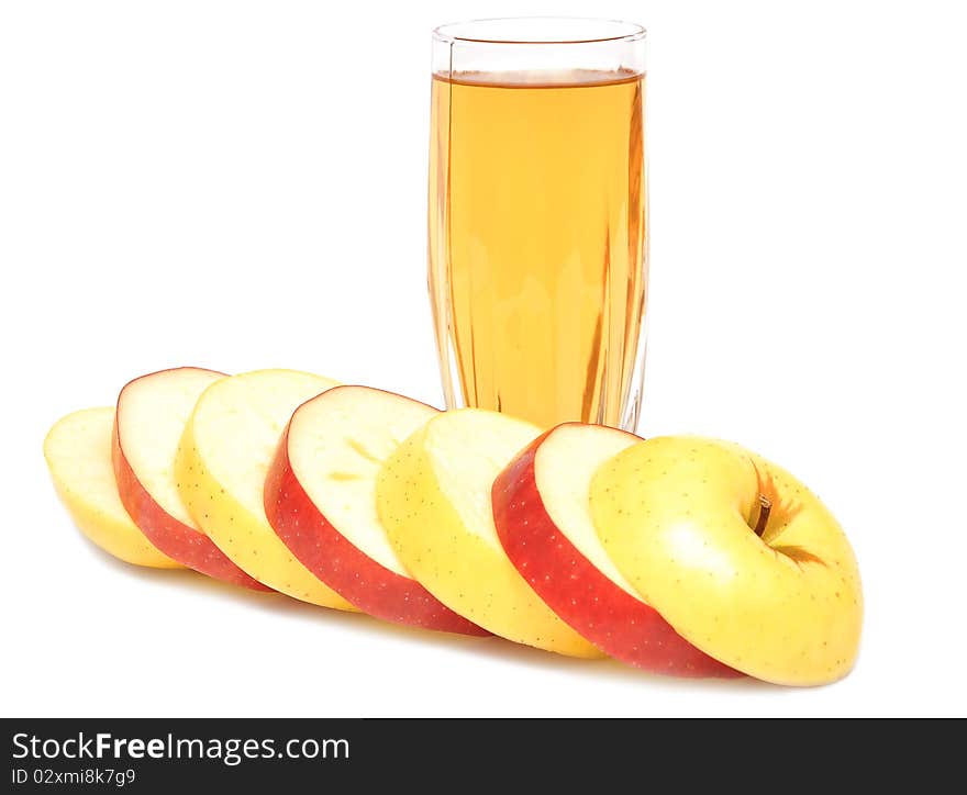 Apple juice in glass and fresh apples on white background. Apple juice in glass and fresh apples on white background