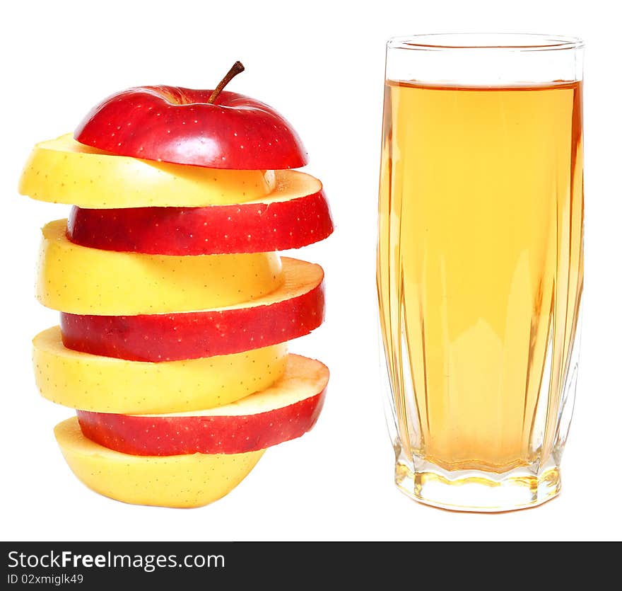 Apple juice in glass and fresh apples on white background. Apple juice in glass and fresh apples on white background