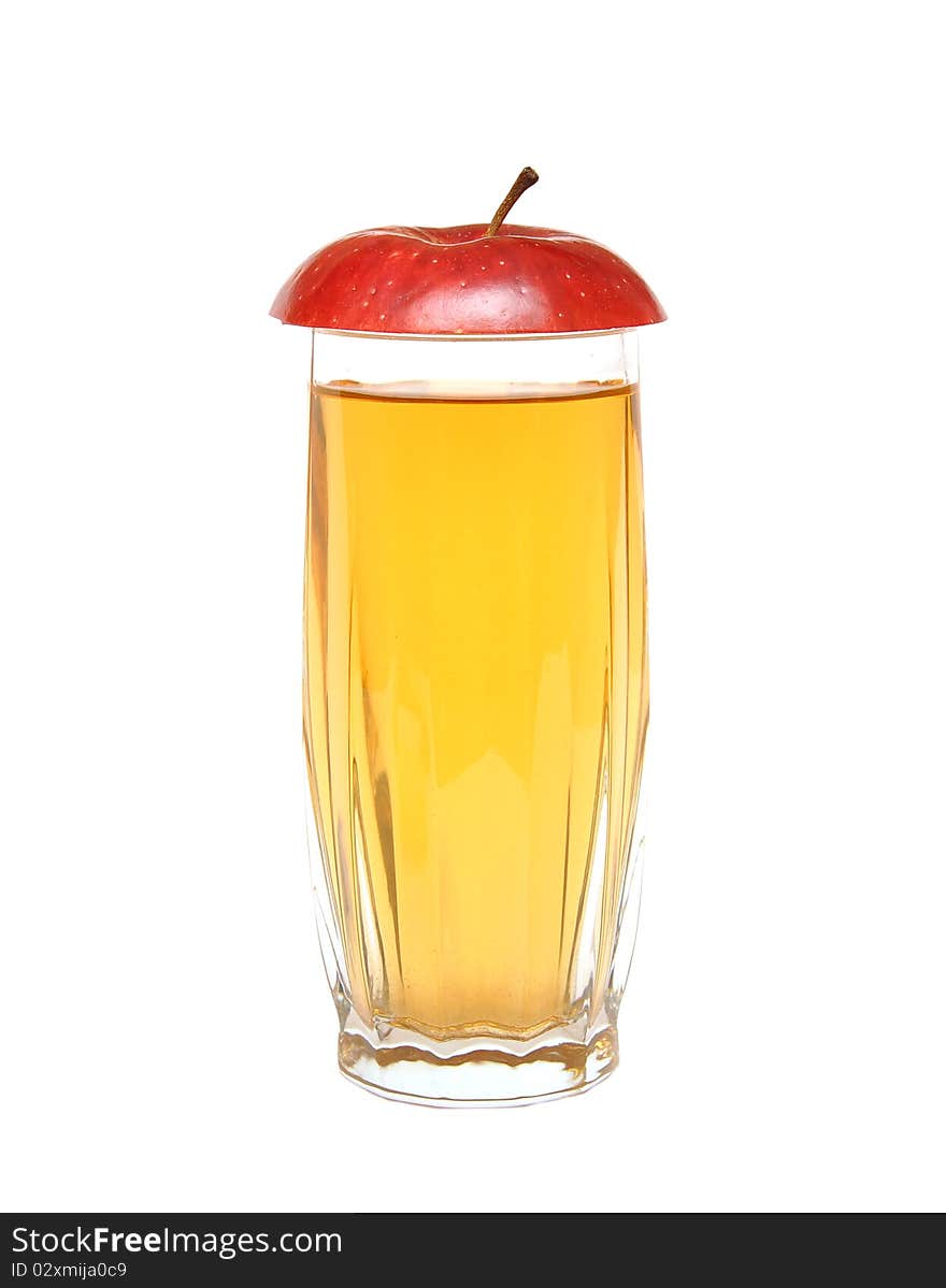 Apple juice in glass and lobule red apple on white background. Apple juice in glass and lobule red apple on white background