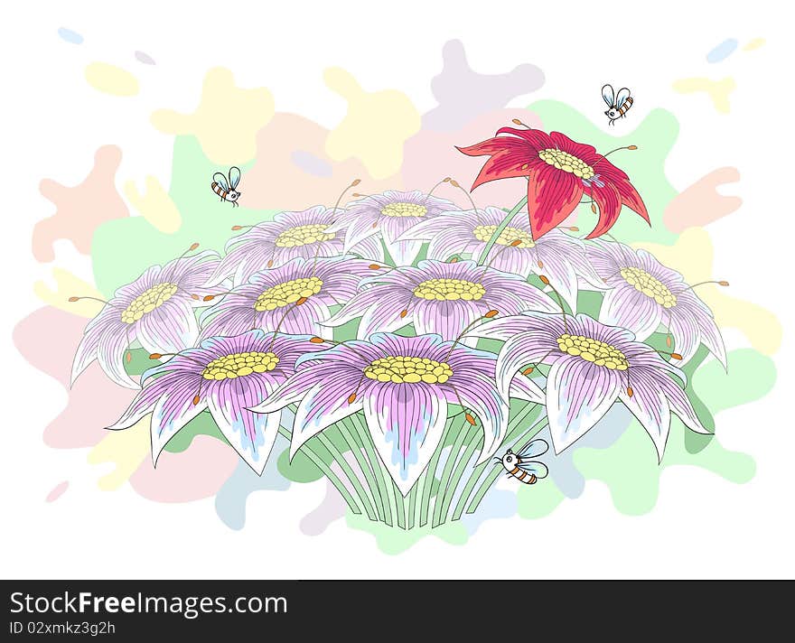 Bunch of beautiful lily flowers with bees turning over them - vector. Bunch of beautiful lily flowers with bees turning over them - vector