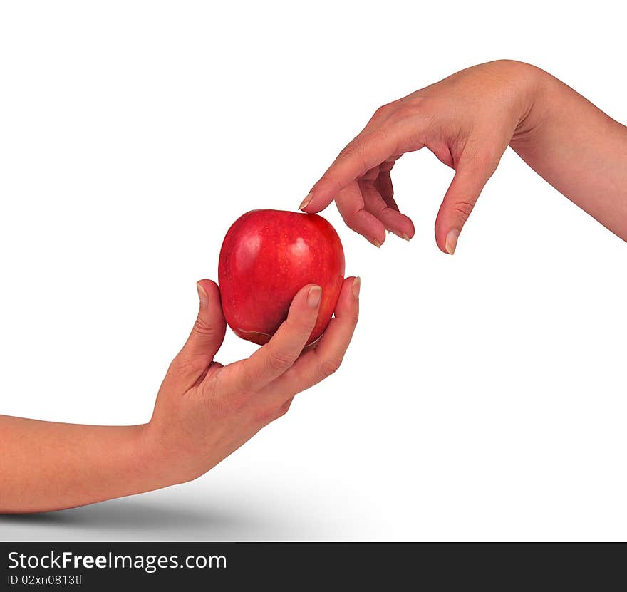 It photographs of two hands holding and pointing out a red apple