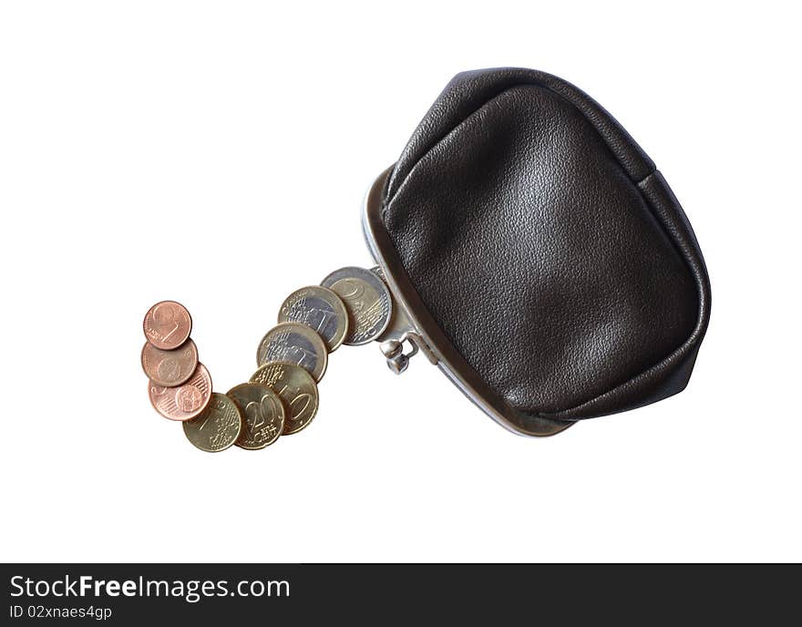 Black leather change purse and coins isolated on white background with clipping path