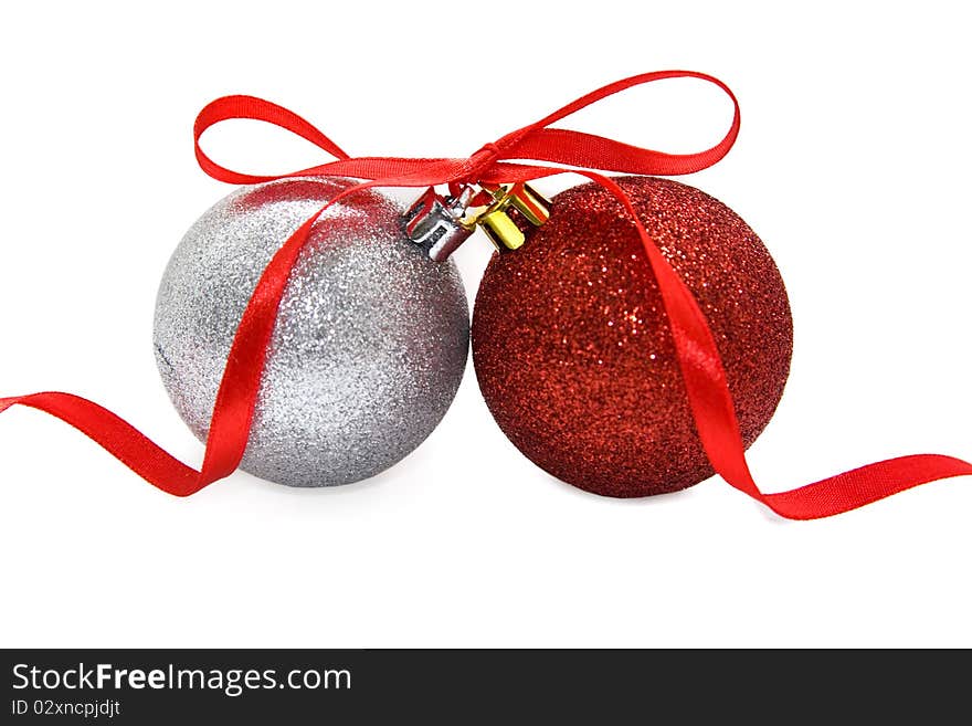 Two christmas glass balls on white background