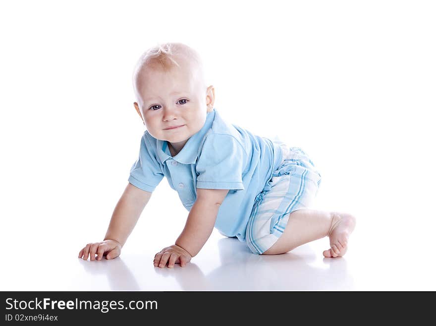 Photo of adorable young boy on white background