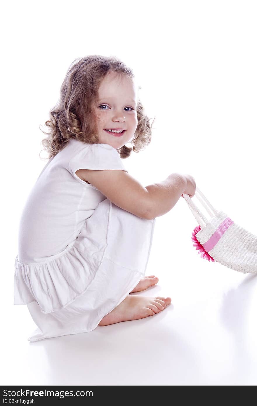 Photo of adorable young girl on white background