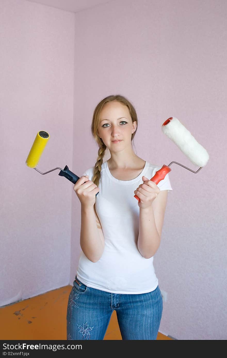 One girl is occupied by apartment repair