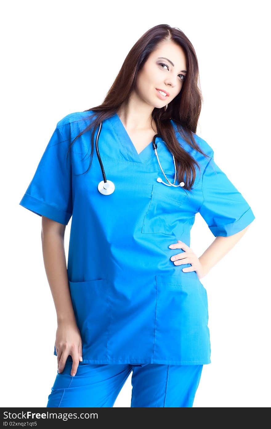 Woman doctor in uniform on white background