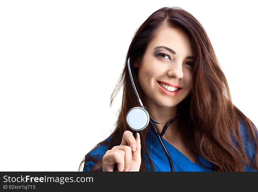 Woman doctor in uniform on white background