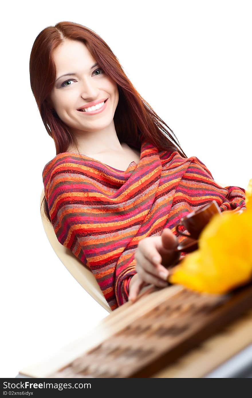 Beautiful woman in cafe over white background with fair hair. Beautiful woman in cafe over white background with fair hair