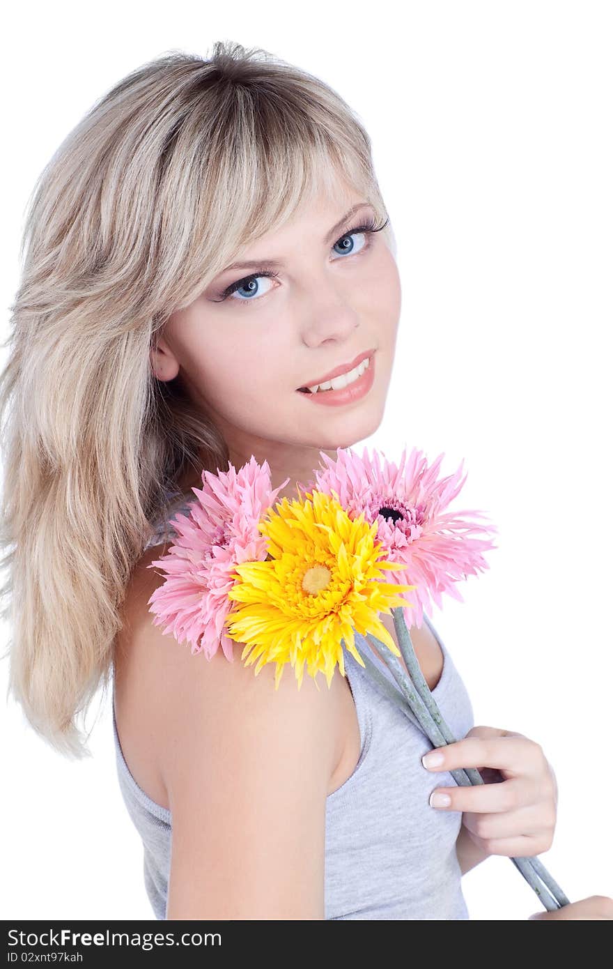 Beautiful woman with blond hair over white background