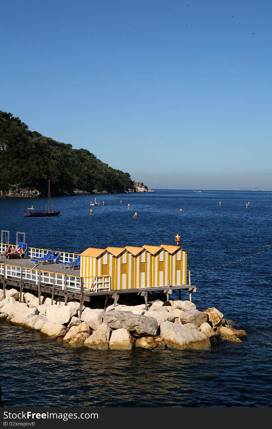 Italy: seascape of Sorrento with bathing establishment. Italy: seascape of Sorrento with bathing establishment