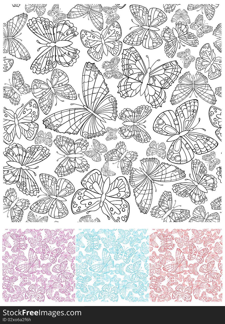 Seamless background with butterflies in different colors