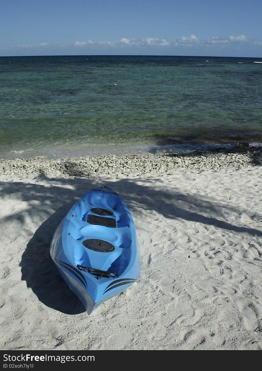 Kayak ashore on Caribbean beach