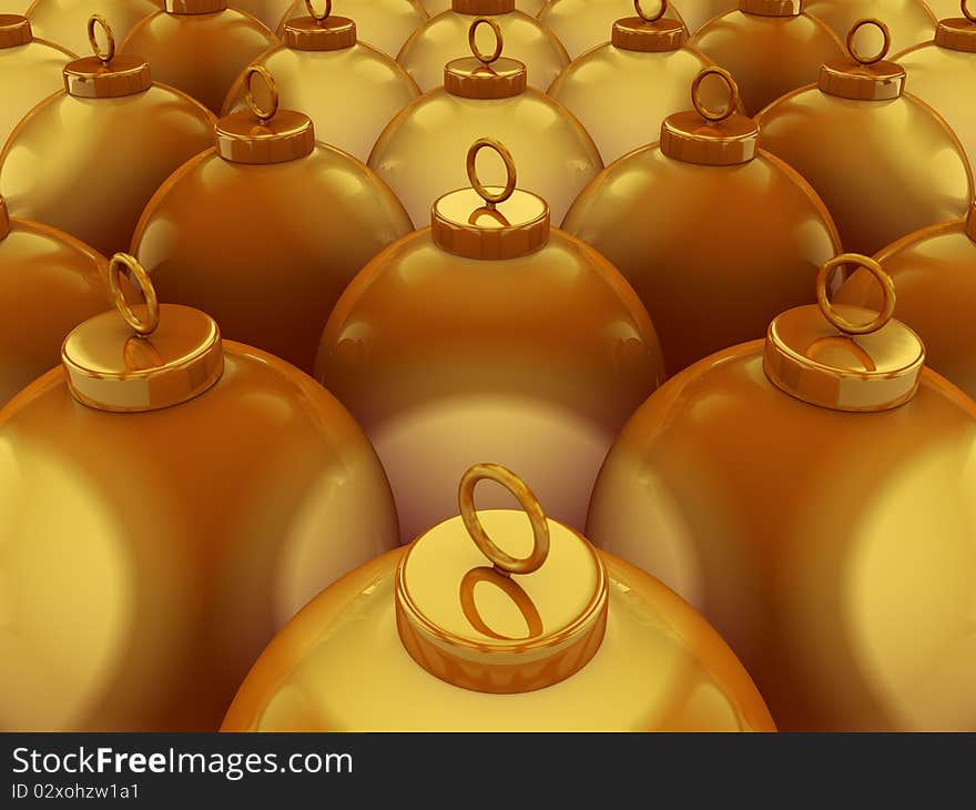 A render of a group of golden christmas spheres. A render of a group of golden christmas spheres