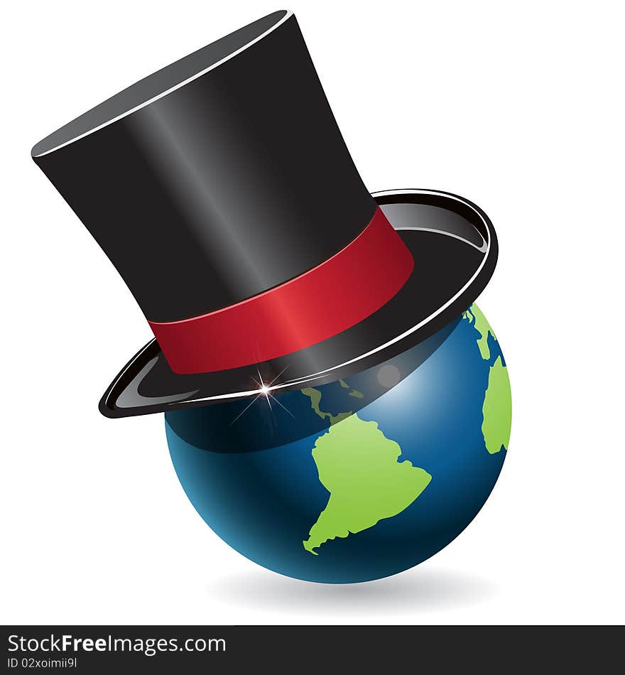 Illustration, blue globe in black hat cylinder. Illustration, blue globe in black hat cylinder