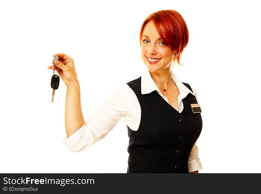 Young caucasian woman as hotel worker offering key