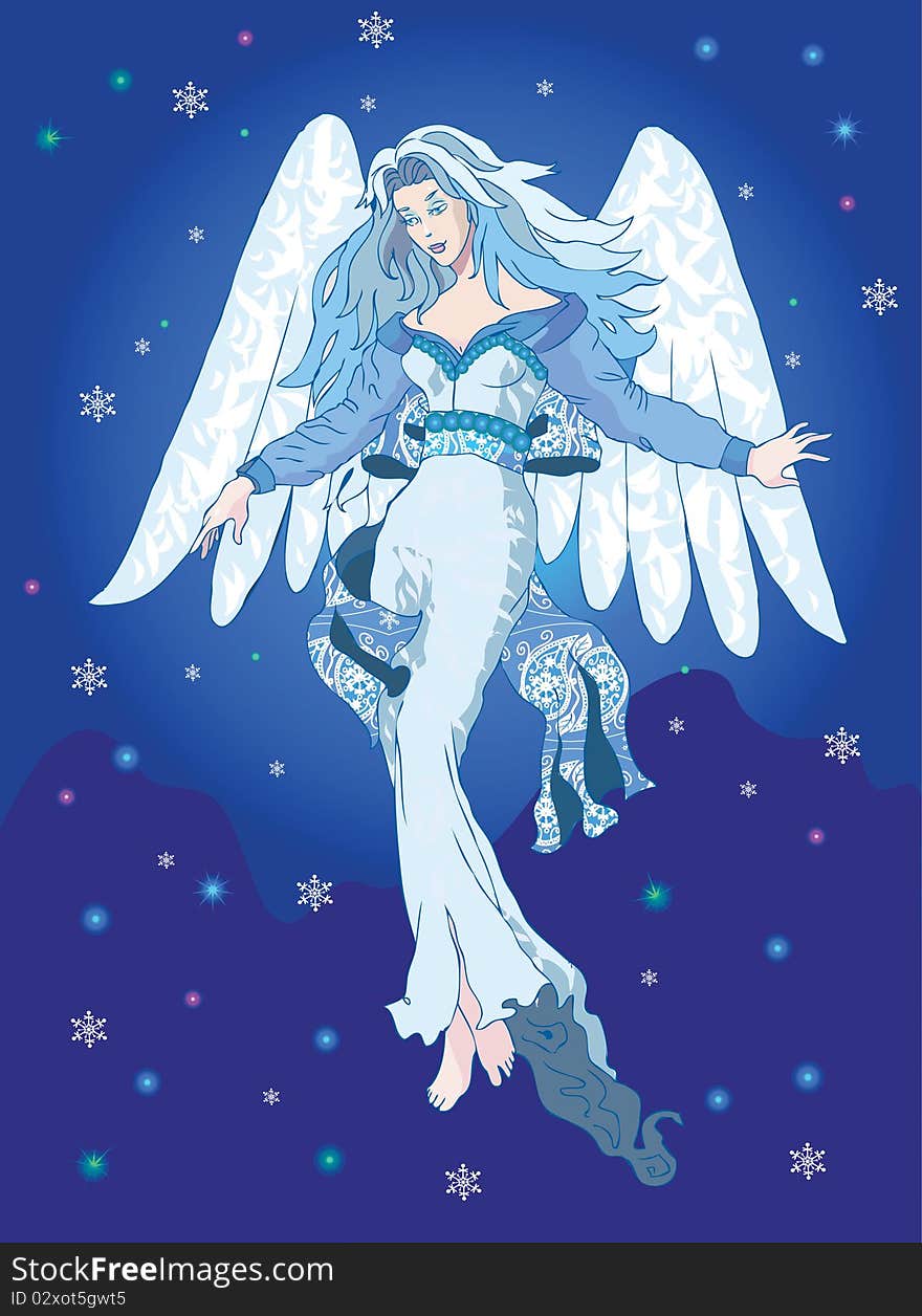 Light Angel in the night sky with snowflakes