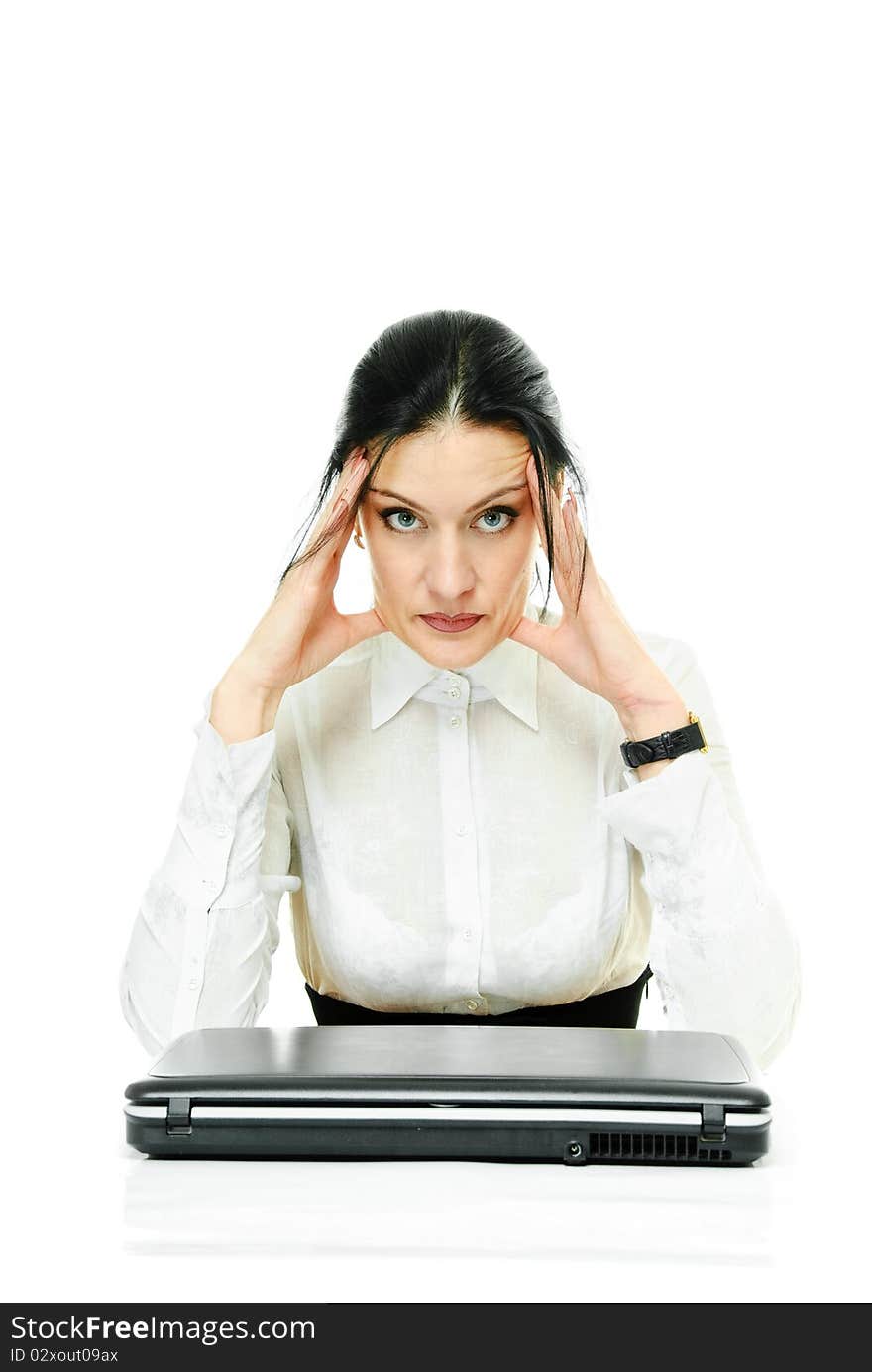 Young business lady with hands about temples. Young business lady with hands about temples