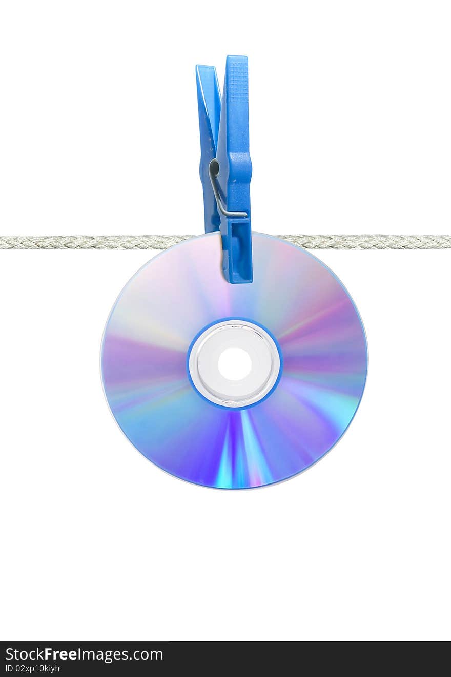 Cd on rope with clothes pin isolated. Cd on rope with clothes pin isolated