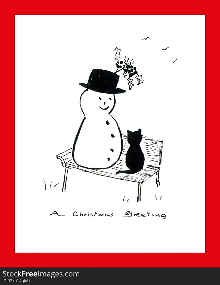 Cat & Snowman on Park Bench