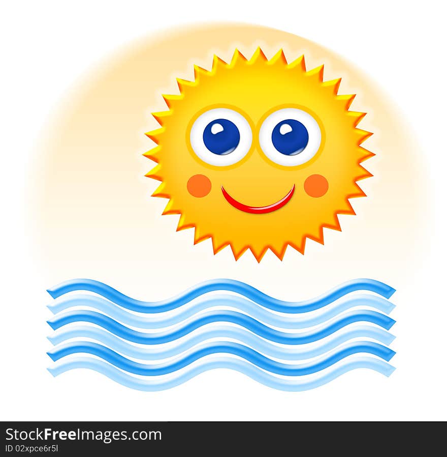 Summertime cartoon sketch with water waves and smiling sun.