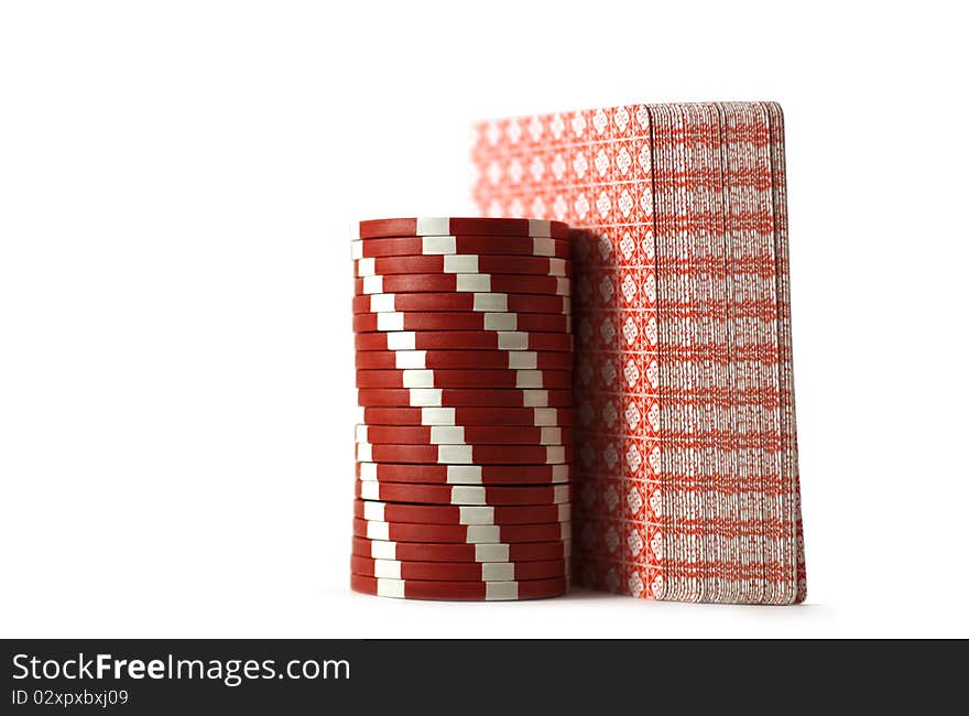 Red poker chips and the red cards. Red poker chips and the red cards