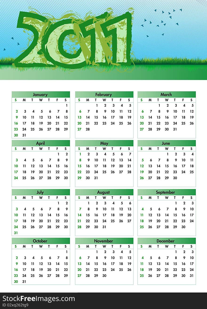 Wall calendar in naturalist style. With green and blue. Wall calendar in naturalist style. With green and blue