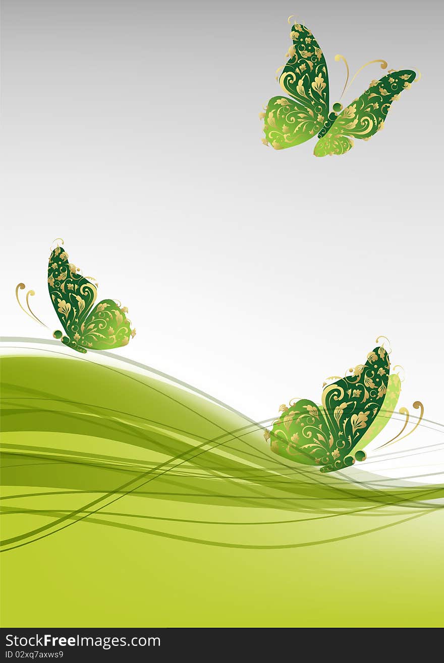 Green background with beautiful butterflies for your design, illustration