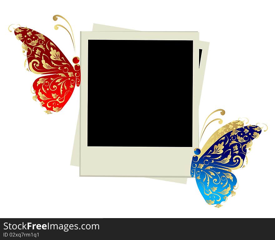 Photo frame design with butterfly decoration, vector illustration