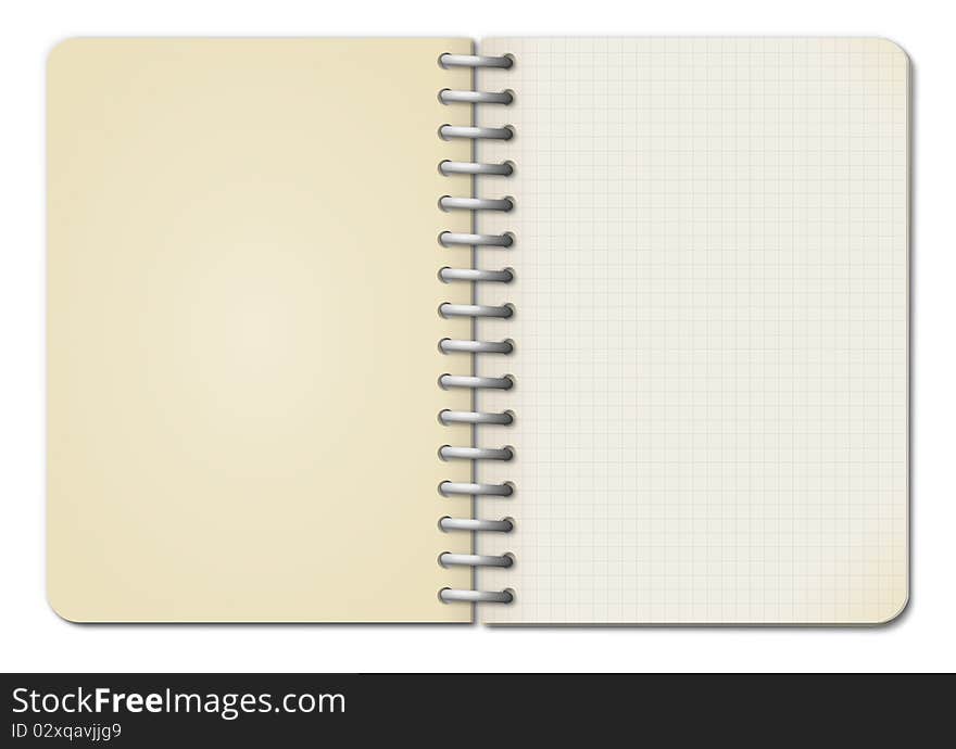 The open notepad on white background. The open notepad on white background