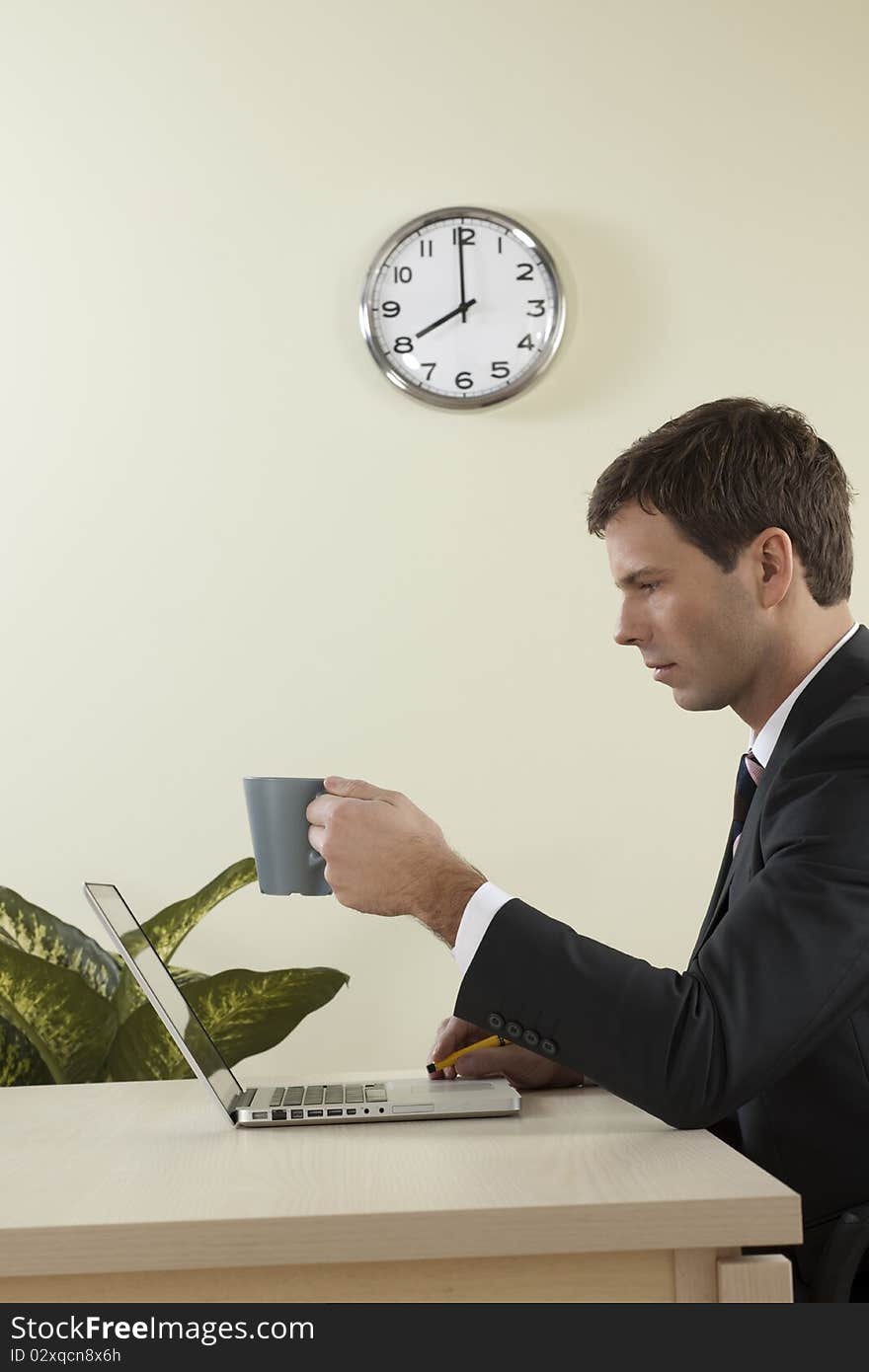 Businessman working on laptop, in the office